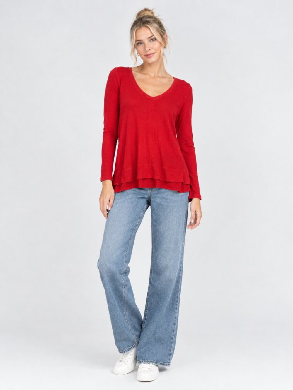 2/$30 J. Jill Pima V-Neck Long Sleeve Tee Knit Red Small #A4724